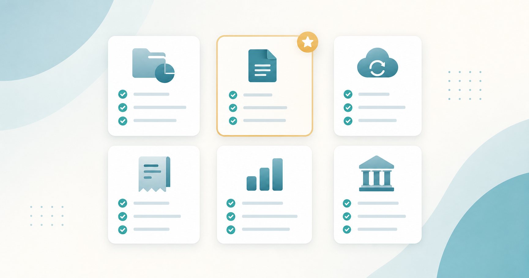 A clean, modern flat-design illustration showing a side-by-side comparison of AI bookkeeping software tools. Six floating card panels arranged in a 2x3 grid, each card representing a different software tool with a small icon, a label, and a checkmark list of 2-3 features. Muted blue, teal, and white color palette. Minimal, professional, suitable for an accounting/fintech blog. No text labels needed, just visual structure suggesting comparison and selection.