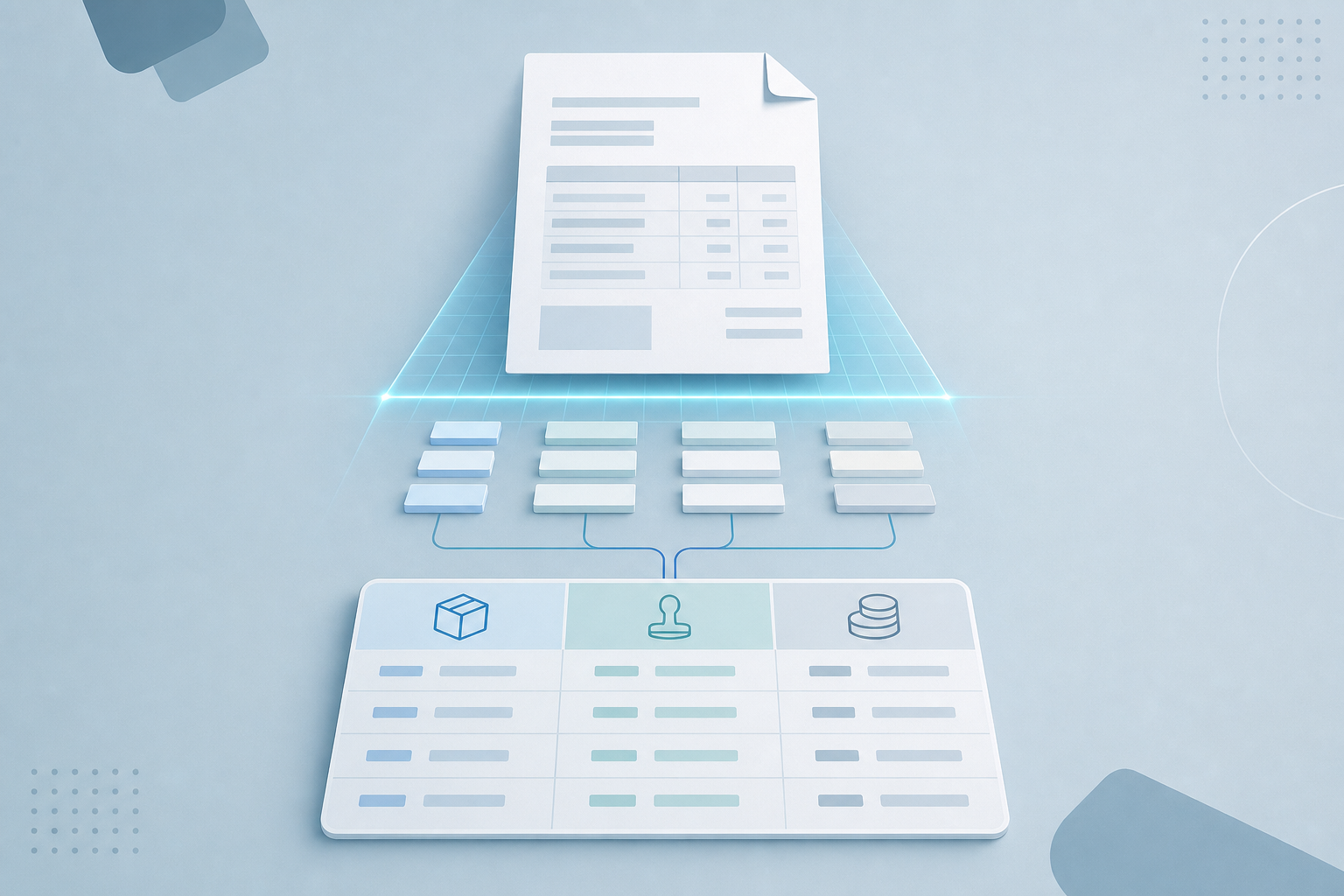 A clean, modern flat illustration showing a paper invoice document being scanned by a soft blue light grid, with rows of small rectangular data fields (representing extracted line items) flowing out of the invoice into an organized table structure below it. Include subtle icons suggesting a freight box, a customs stamp shape, and a coin stack to represent different line-item categories, all rendered without any text or letters. Muted professional color palette of blues and grays, top-down or slight angle view, minimal geometric style, no text or letters visible anywhere in the image.