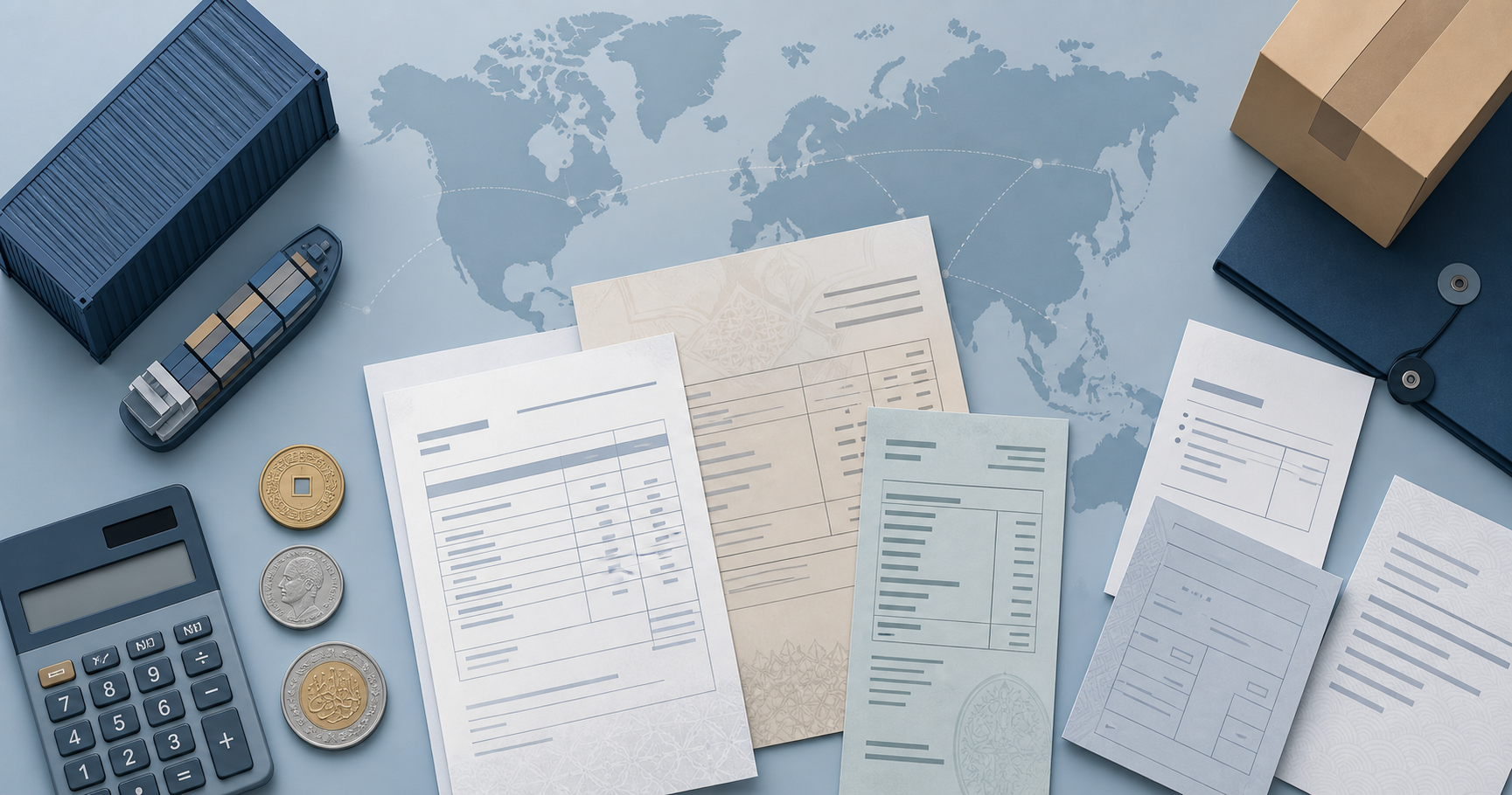 A flat-lay of international shipping and trade documents on a desk — invoices in different paper sizes with subtle Asian and Arabic script textures, alongside a calculator, a shipping container icon, foreign currency coins (yuan, riyal, dirham), and a world map background. Muted professional color palette of blues and grays, top-down view, clean modern illustration style, no text or letters visible.