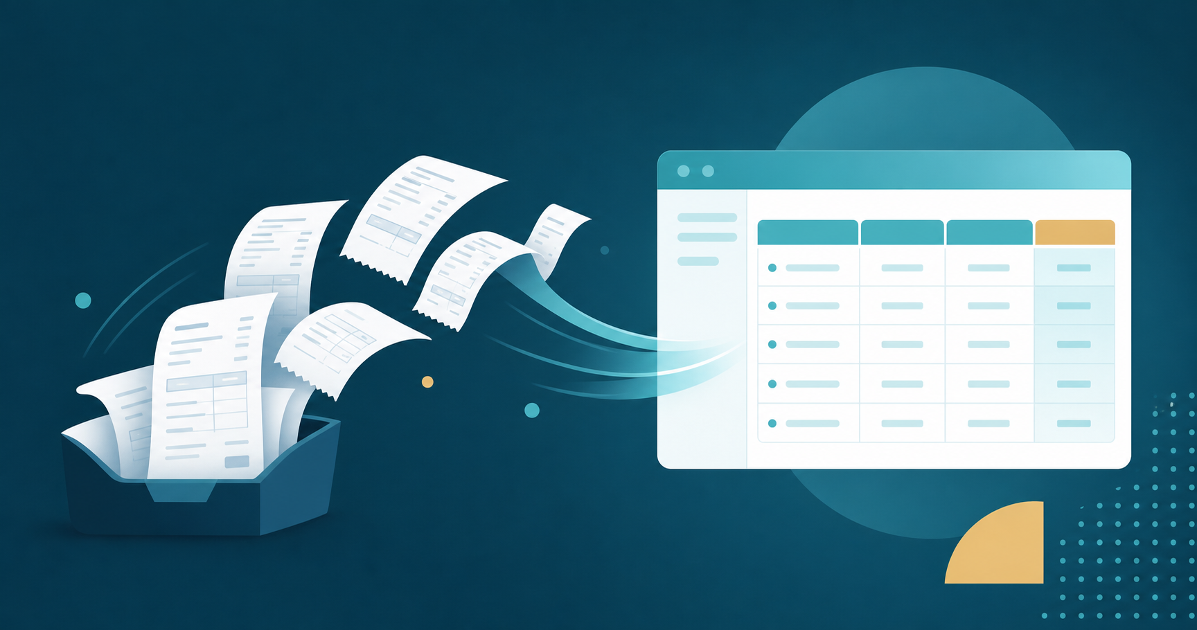 A modern flat-style illustration of a stream of paper invoices and receipts flowing from an inbox tray into a organized digital ledger grid, symbolizing document data being organized into structured accounting rows and columns. Clean minimal style, soft blue and white color palette, no text or letters anywhere in the image.