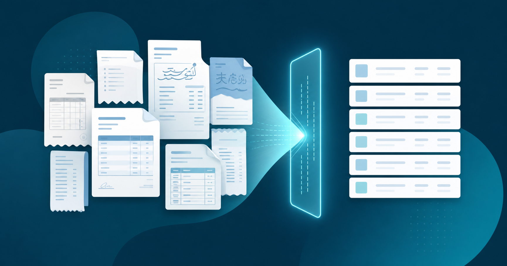 A modern flat-style illustration showing a diverse set of international invoice documents (with abstract Arabic-style script patterns and other script patterns represented as squiggly lines, not real text) being scanned by a soft glowing light beam and converted into organized rows of structured data blocks. Include a small bank statement sheet with transaction lines among the documents. Clean minimal style, soft blue and white color palette, no text, no words, no letters anywhere in the image.