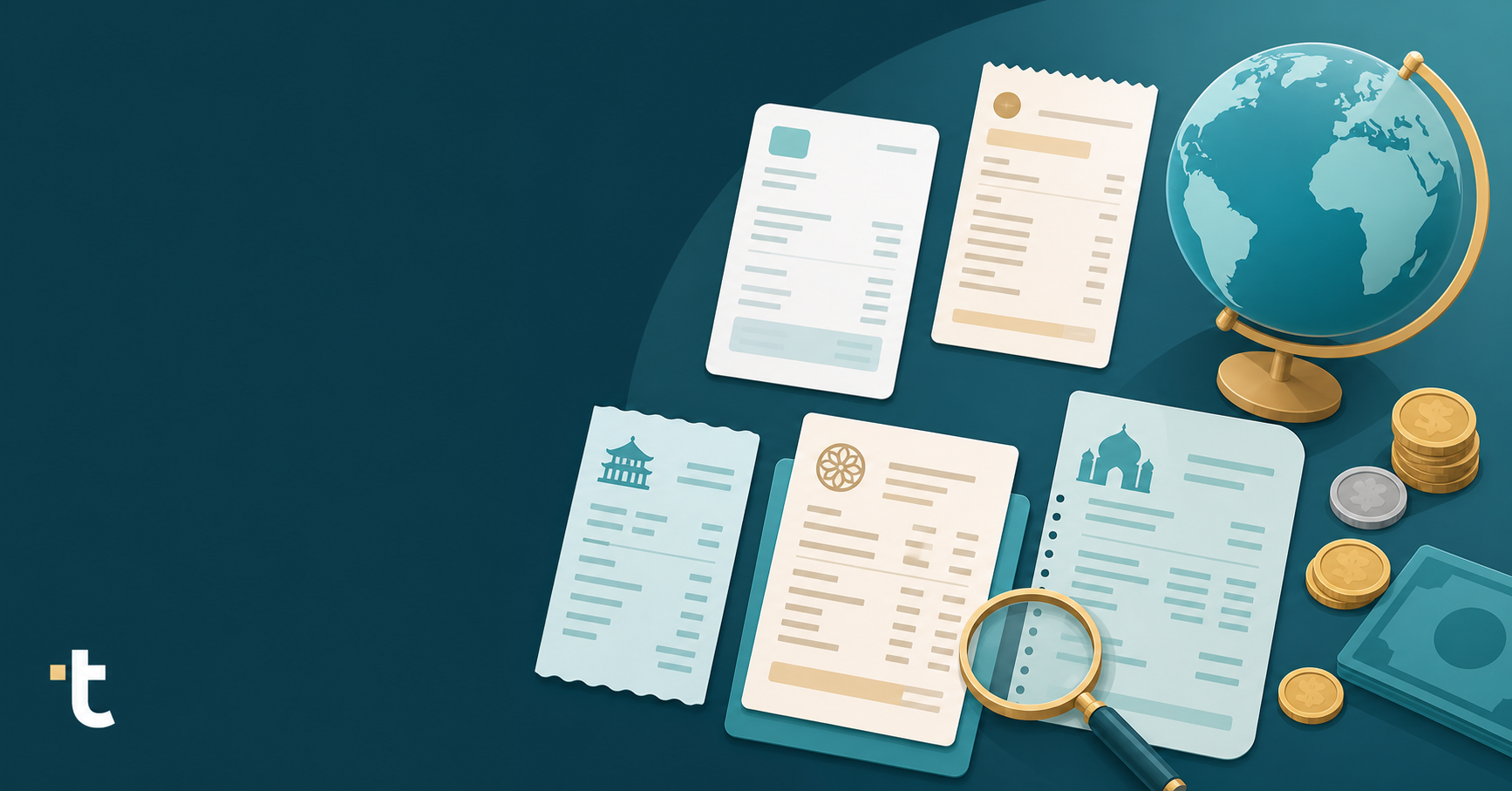 A flat-lay style illustration of multiple international invoice and receipt documents spread across a desk, featuring diverse scripts and characters from different writing systems (Thai, Chinese, Arabic-style abstract text patterns), alongside a world globe, currency coins, and a magnifying glass, conveying global document processing and multilingual data extraction. Clean modern illustration style, soft color palette, no readable text or letters.