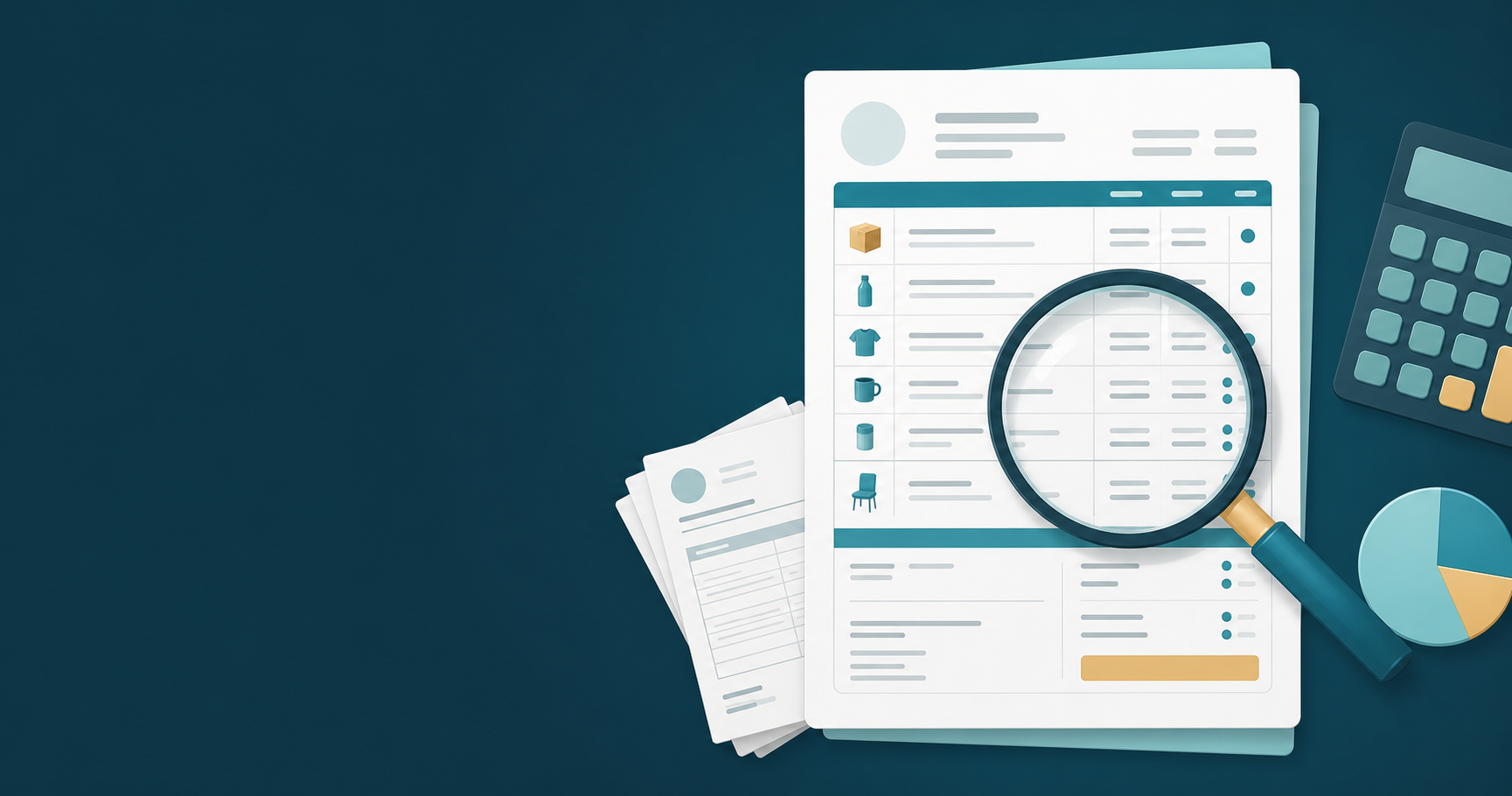 A flat-lay style illustration of a detailed wholesale invoice document covered in many rows of itemized line entries, small product icons, subtotal groupings, and tax rate markers, with a magnifying glass hovering over the line items highlighting the granular detail, alongside a calculator and stacked papers suggesting multiple invoices. Clean modern illustration style, soft color palette, no readable text or letters.