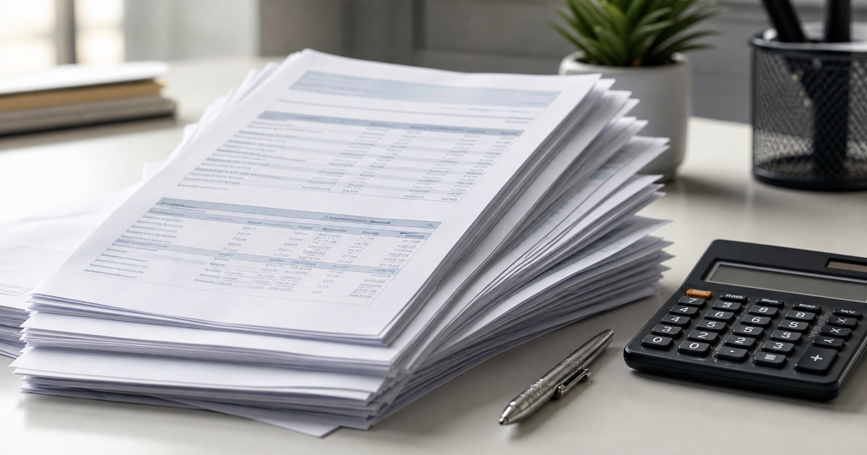 A tall stack of multi-page printed bank statement documents on an office desk, pages fanned out to show rows of transaction data, a calculator and pen resting beside the stack, soft natural lighting, clean modern office setting, photorealistic style