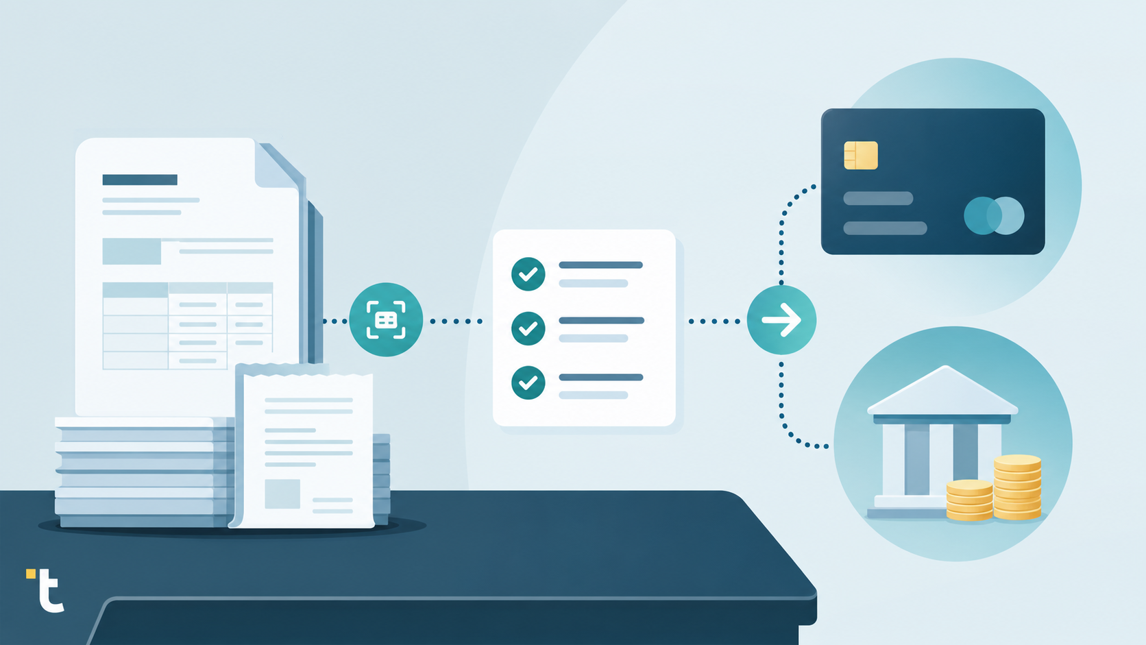 A clean, modern flat-style illustration showing a bookkeeper's desk workflow: a stack of invoices and receipts flowing into a payment approval process, with a stylized bank card and a payment run represented by connected circular nodes and arrows. Soft blue and teal color palette, minimalist vector style, no text or letters anywhere in the image.
