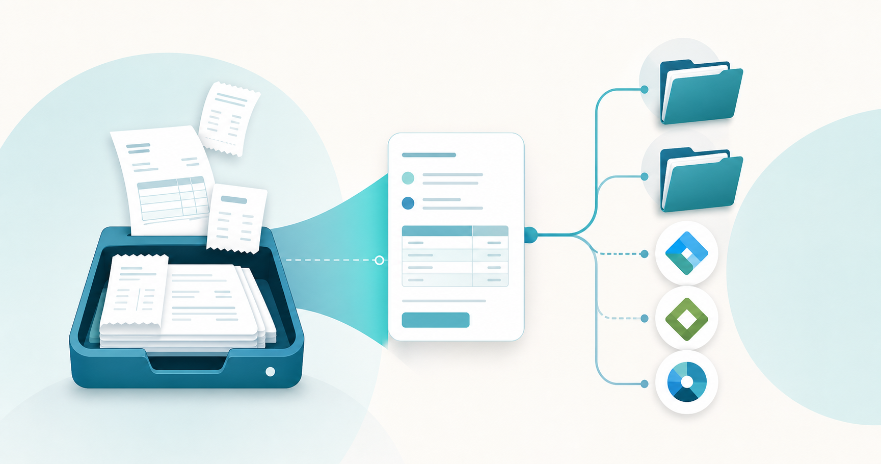 A clean, modern flat-style illustration of a document capture workflow: a scanner or inbox tray receiving stacks of invoices and receipts, with extracted data flowing into organized digital folders and connecting lines to multiple accounting software icons represented as abstract geometric shapes. Soft blue and teal color palette, minimalist vector style, no text or letters anywhere in the image.