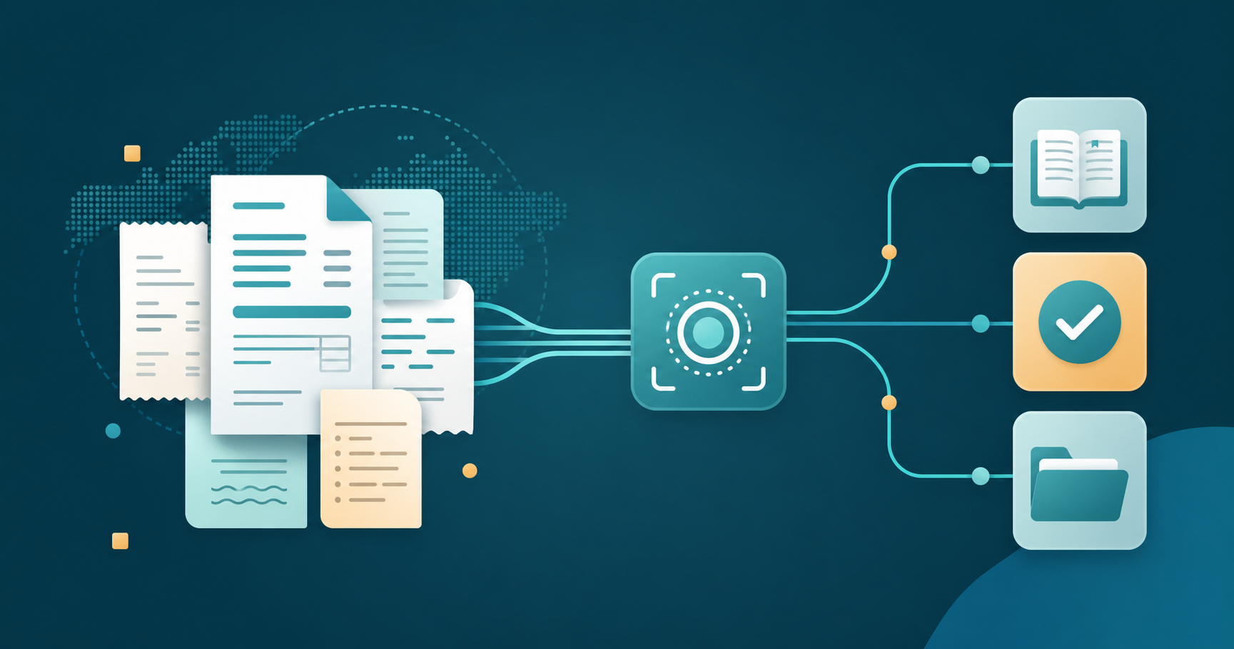 A clean, modern flat-style illustration showing a global document processing workflow: a stack of varied invoice and receipt documents with diverse script-like line patterns (representing multiple languages, no actual letters), flowing through a central extraction engine icon, with lines splitting out to connect to accounting software icons (ledger book, checkmark, folder). Use a professional blue and teal color palette with soft gradients and rounded shapes. No text, no words, no letters, no numbers in the image.