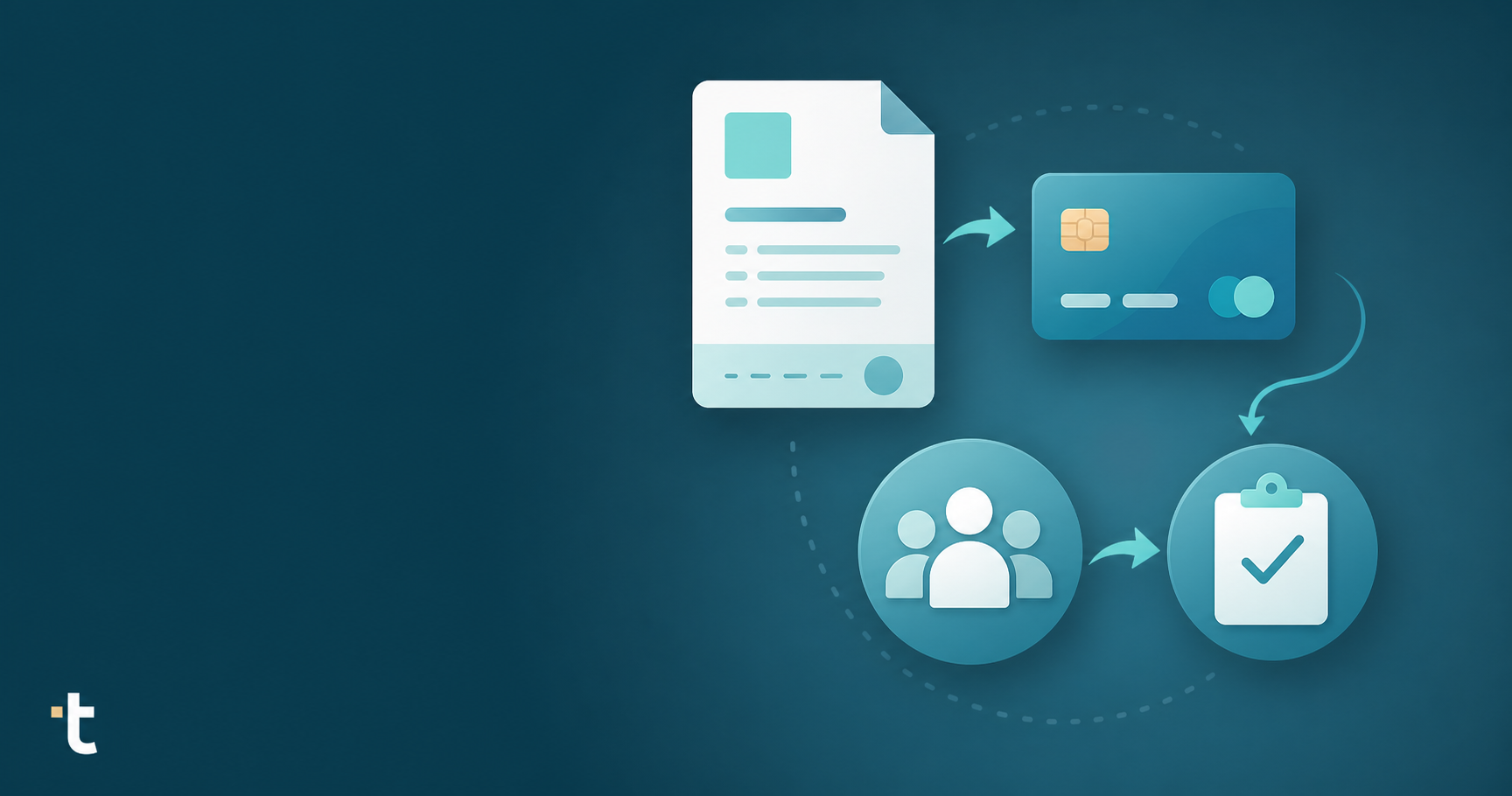 A clean, modern flat-style illustration of a digital payments and bookkeeping workflow: a stylized invoice document flowing into a payment card, a payroll icon, and a reconciliation checkmark, connected by soft arrows, in a professional blue and teal color palette. No text, no letters, no numbers in the image.