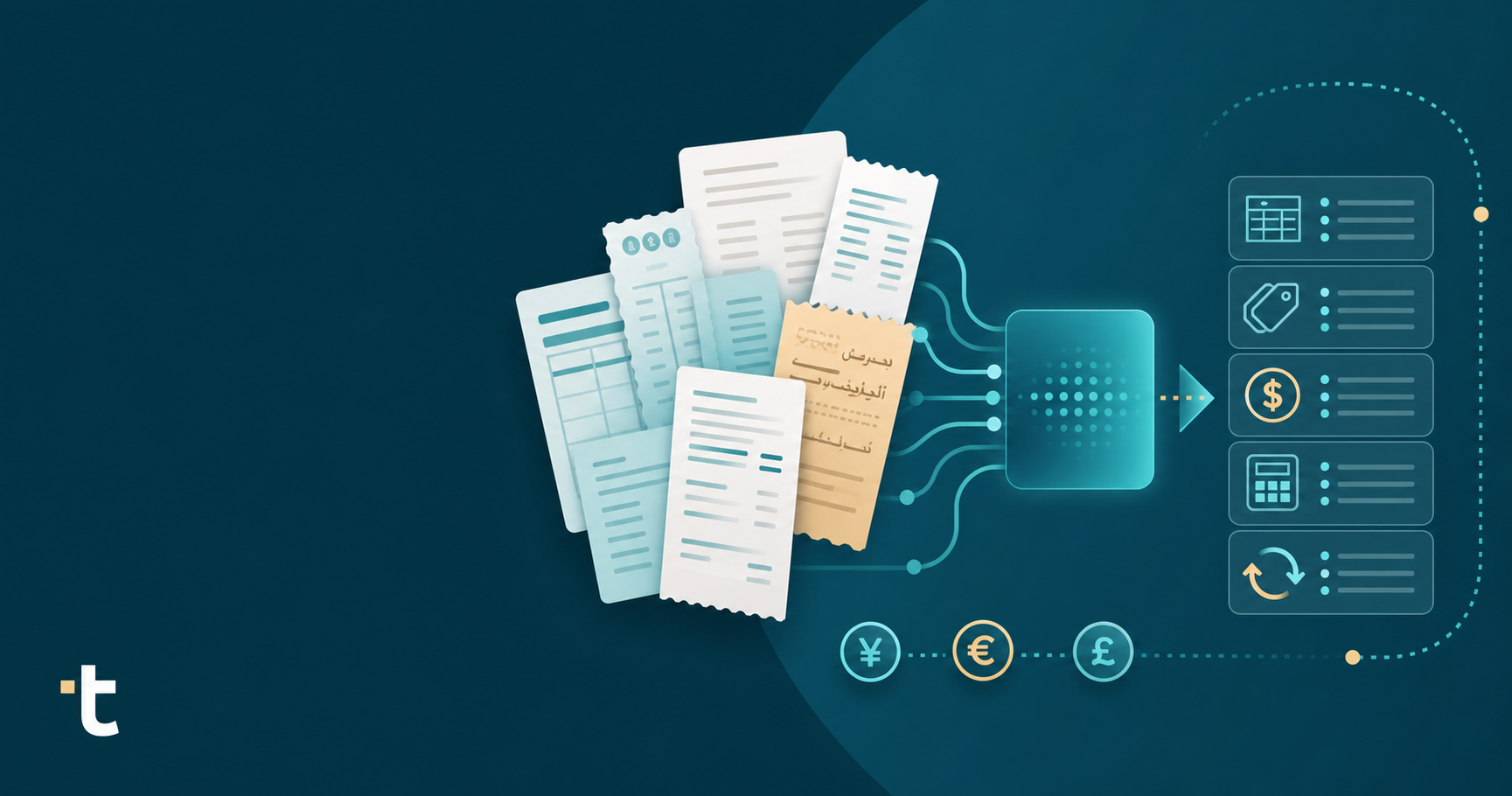 A clean, modern flat vector illustration showing a diverse stack of invoices and receipts with different visual script styles (representing multiple languages) flowing into a digital extraction engine, with small icons representing line items, currency symbols, and translation arrows. Soft professional color palette, no text or letters anywhere in the image.