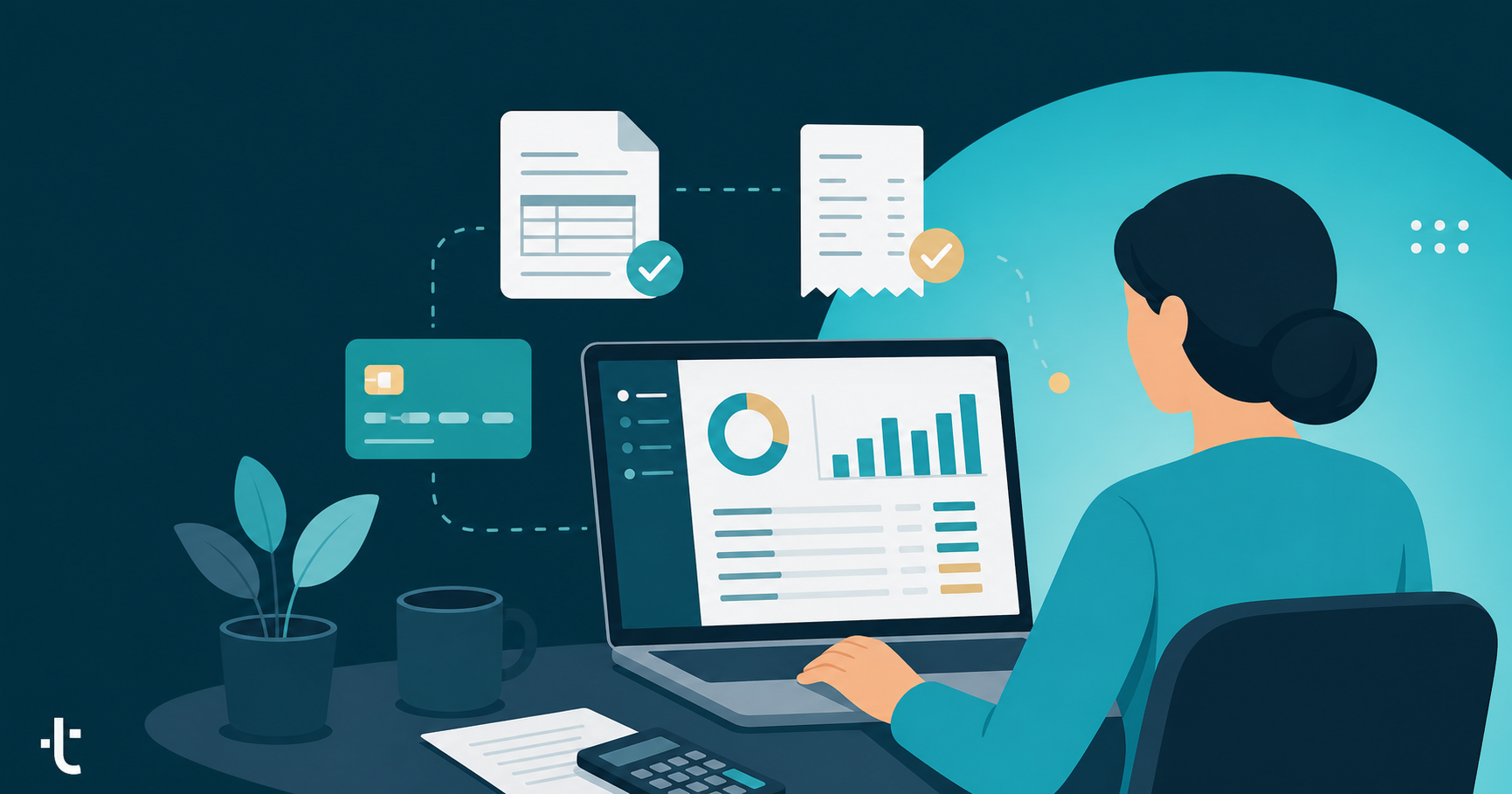 A clean, modern illustration of a bookkeeper at a desk reviewing a digital payments dashboard on a laptop screen, with small icons representing invoices, receipts, and payment cards floating around the screen. Soft professional color palette, flat vector illustration style, no text or letters anywhere in the image.