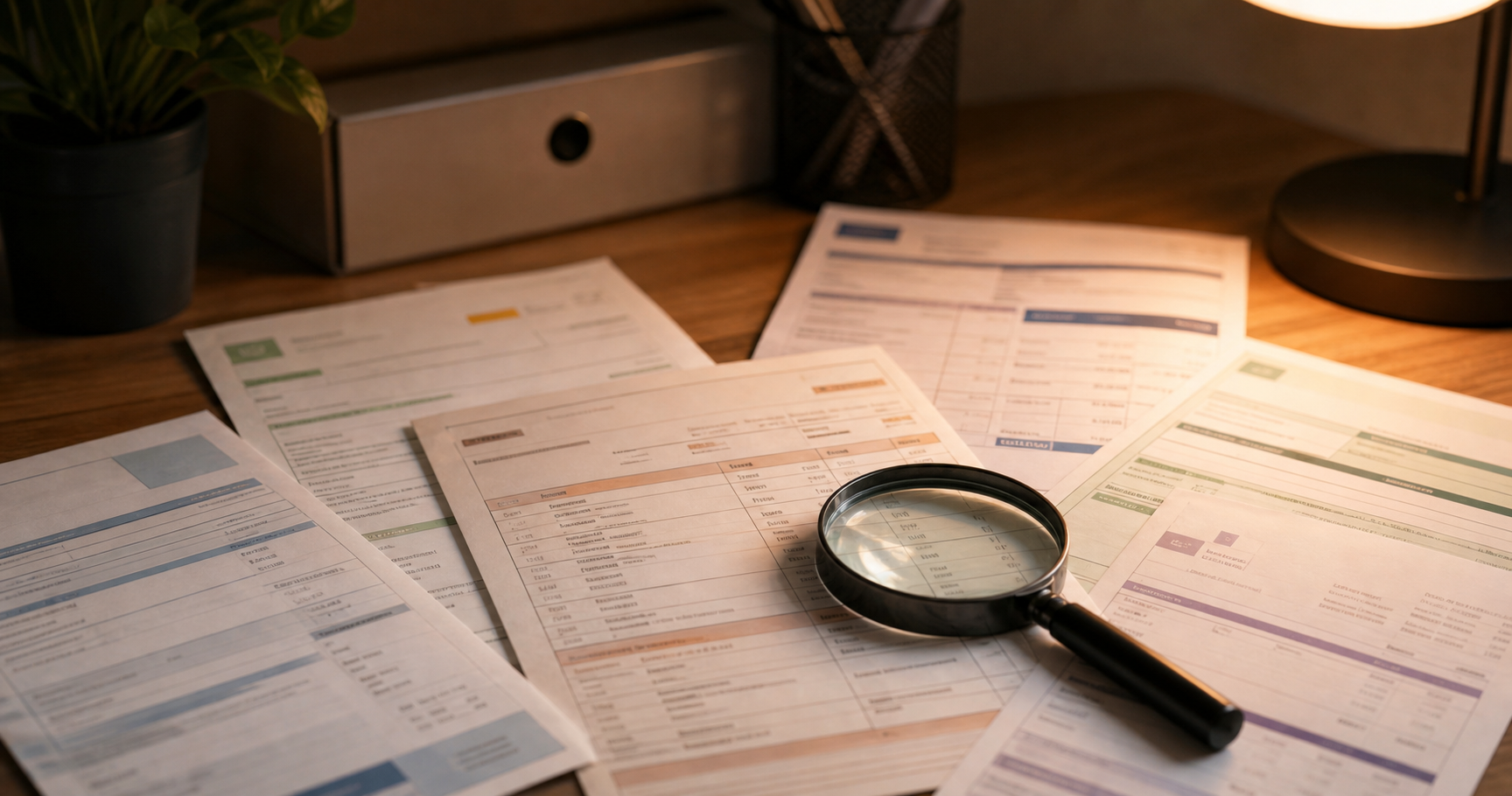 A close-up photo-realistic scene of a bookkeeper's desk with several paper invoices spread out, each with visibly different script styles and layouts suggesting different languages and origins, a magnifying glass resting on one invoice, soft desk lamp lighting, documentary style photography, shallow depth of field, no text or writing visible, no legible characters