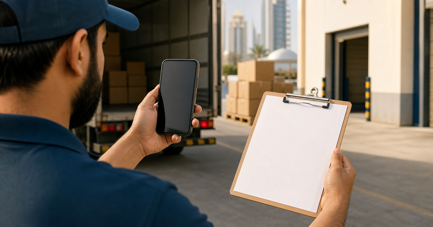 A close-up photo-realistic scene of a warehouse loading dock in the UAE, where a delivery driver holds up a smartphone photographing a paper invoice resting on a clipboard, with a delivery truck and stacked boxes softly blurred in the background, warm daylight, documentary style photography, no text or writing visible