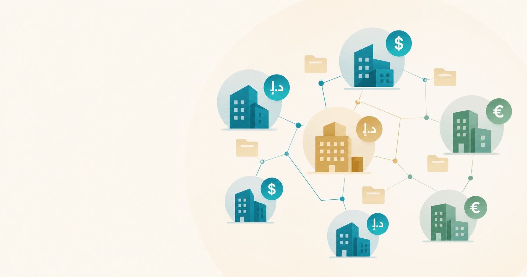 A clean, modern flat-lay illustration showing an abstract network of connected corporate entity icons (simple building or folder shapes) linked by thin lines, each entity paired with a distinct currency symbol icon (like a dirham, dollar, and euro symbol) floating nearby. Convey complexity and multiplicity through repeated grouped clusters. Minimal, professional financial/office illustration style, soft color palette, no text, no words, no letters, no numbers.