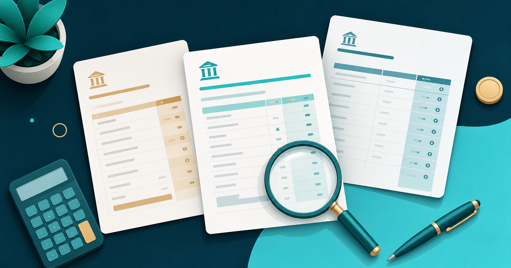 A flat-lay illustration of three distinct bank statement documents on a desk, each with different column layouts, currency symbols, and table structures, suggesting varied formats. Include a magnifying glass hovering over one statement to imply close inspection. Clean, modern financial/office illustration style, no text, no words, no letters, no numbers.