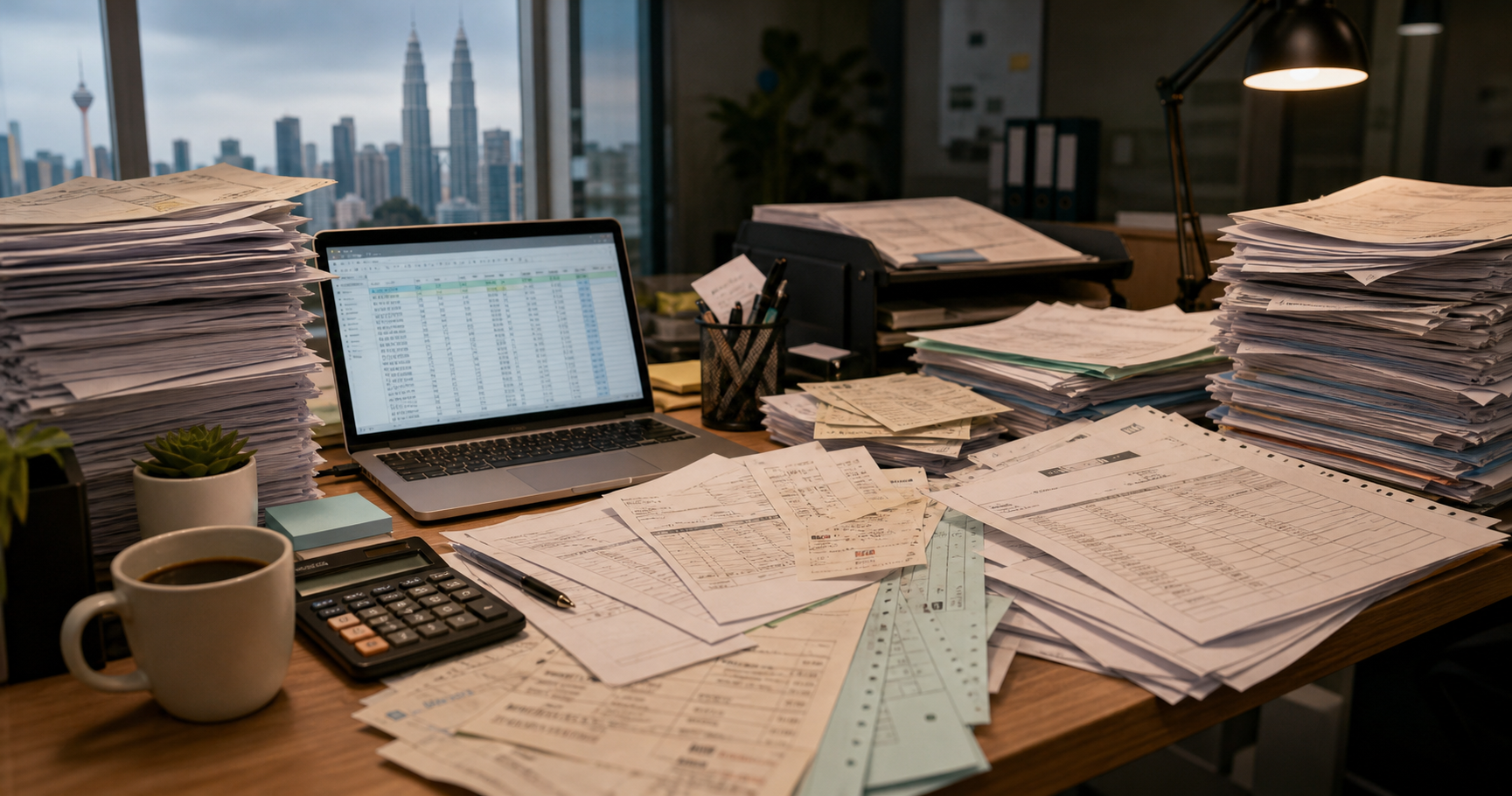 A cluttered accountant's desk in a Malaysian office setting, with stacks of paper invoices and documents in multiple languages including Chinese characters and Latin script, a laptop showing spreadsheet data, coffee cup, and a PDF bank statement printout. Warm overhead lighting, realistic and professional atmosphere, slightly overwhelmed feeling conveyed through document volume. No text, words, or letters visible.