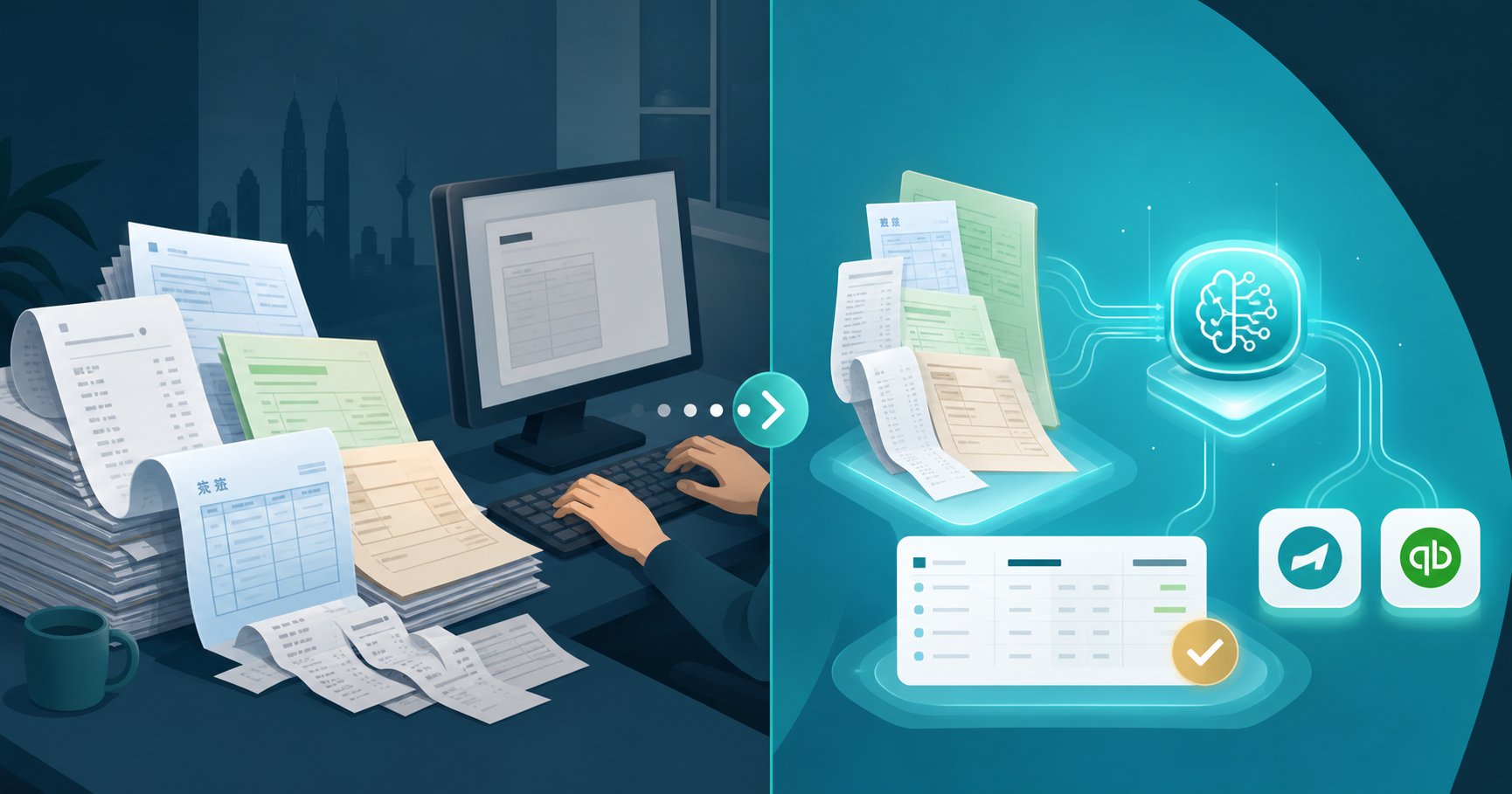 A clean split-panel illustration showing the contrast between two document processing workflows. On the left side: a stack of invoices and receipts in multiple languages including Chinese characters and Latin script, with a hand laboriously typing them into a computer one by one, representing slow manual data entry. On the right side: the same stack of multilingual documents flowing automatically into a glowing AI processing hub, with structured data neatly organized and published to accounting software icons, representing fast automated extraction. Soft professional lighting, modern flat illustration style with a Malaysian office context, blues and greens color palette. No text, words, letters, or numbers anywhere in the image.