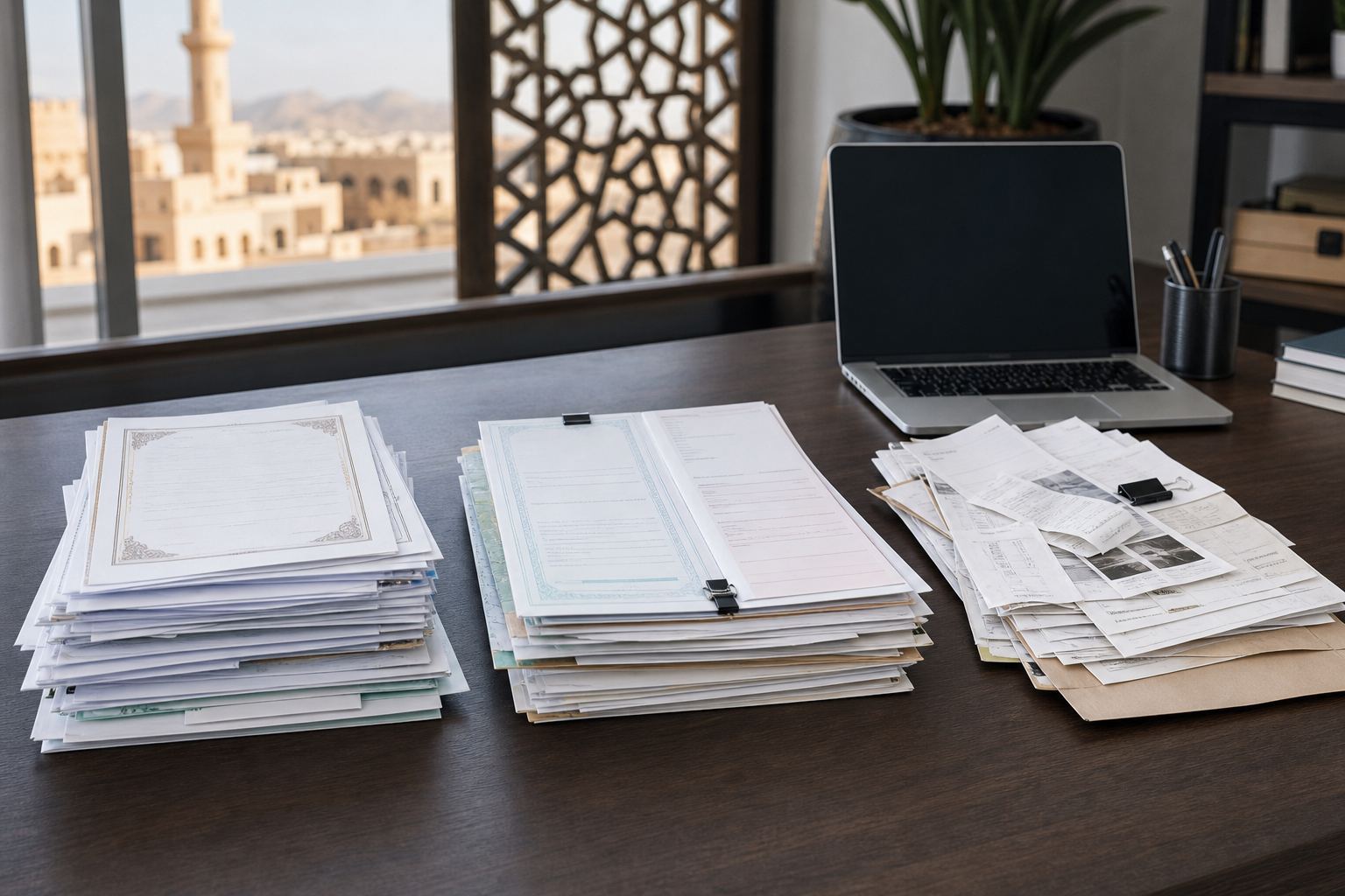 A close-up overhead view of a modern accountant's desk with three distinct stacks of invoices and financial documents spread out. One stack features Arabic right-to-left documents with ornate letterheads, another has bilingual documents with English and Arabic side by side, and a third pile shows loose receipts and photographed documents. A laptop sits open nearby. The scene is set in a professional office with warm Middle Eastern architectural details visible through a window. Clean, realistic, professional photography style, no text or letters visible on any documents.