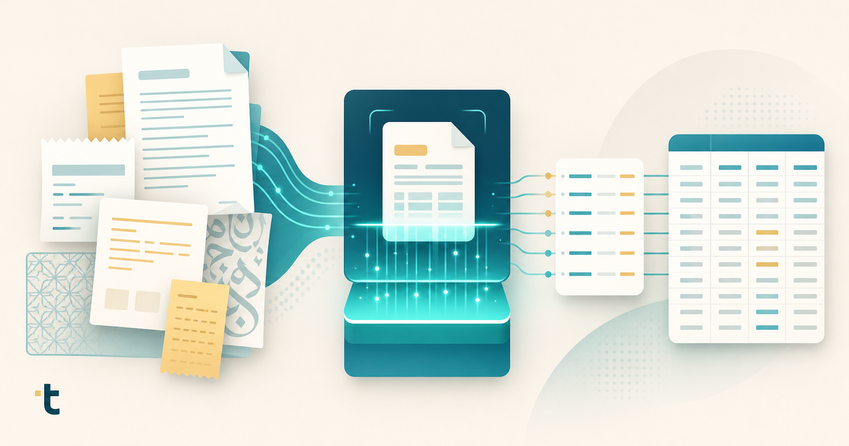 A clean, modern flat-design illustration showing a two-layer workflow for accounting firms in the UAE. On the left side, a stack of invoices and receipts with Arabic and English script patterns flowing into a document processing layer represented by a glowing extraction module with scanning lines. On the right side, the processed data flows as structured rows into a general ledger represented by organized spreadsheet columns. The color palette uses deep teal, warm amber, and white on a soft off-white background. No text, no words, no letters anywhere in the image.