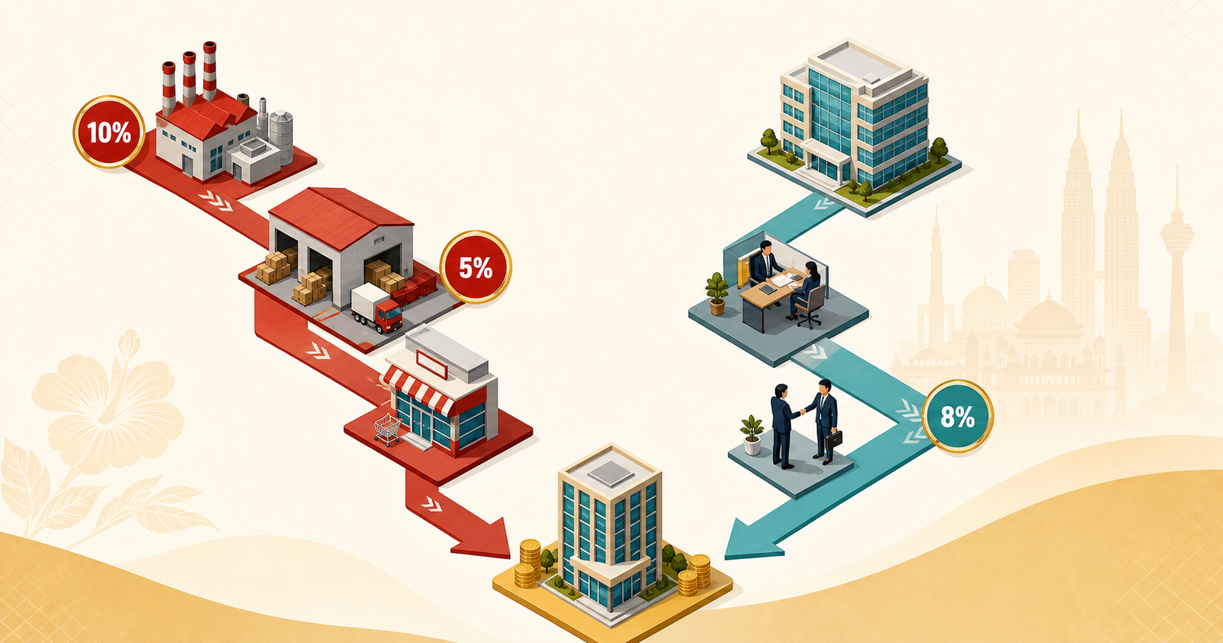 An isometric illustration showing two parallel streams of goods and services flowing through a Malaysian supply chain. On the left, physical manufactured goods moving from a factory through a warehouse to a retail shop, with a 10% and 5% label badge appearing at the import/manufacture point. On the right, professional services flowing from an office building to a client, with an 8% badge at the service delivery point. Both streams end at a business, where the cost is absorbed with no return arrows — emphasizing single-stage, non-recoverable taxation. Clean, modern flat design with warm Malaysian-inspired colors: deep red, gold, and teal. No text or letters anywhere in the image.