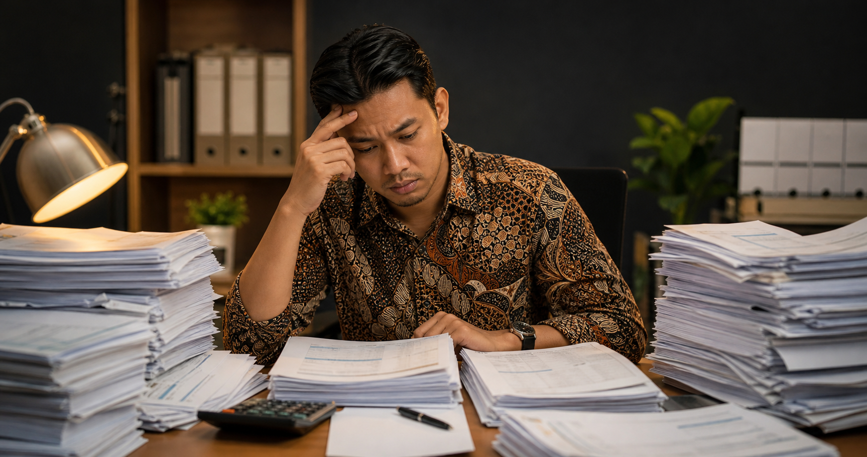 A Malaysian accounting professional sitting at a desk surrounded by tall stacks of printed bank statement papers, looking overwhelmed, with a calculator and pen nearby, warm office lighting, realistic style, no text or writing visible