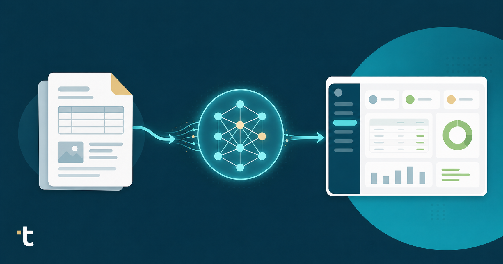 A clean flat-style illustration showing a step-by-step document processing workflow: a PDF invoice on the left flowing through an AI processing stage in the center represented by a glowing neural-network node, then outputting to an accounting software dashboard on the right. Connected by smooth curved arrows indicating automated data flow. Muted blues, warm grays, and soft greens. No text, no labels, no words anywhere in the image.