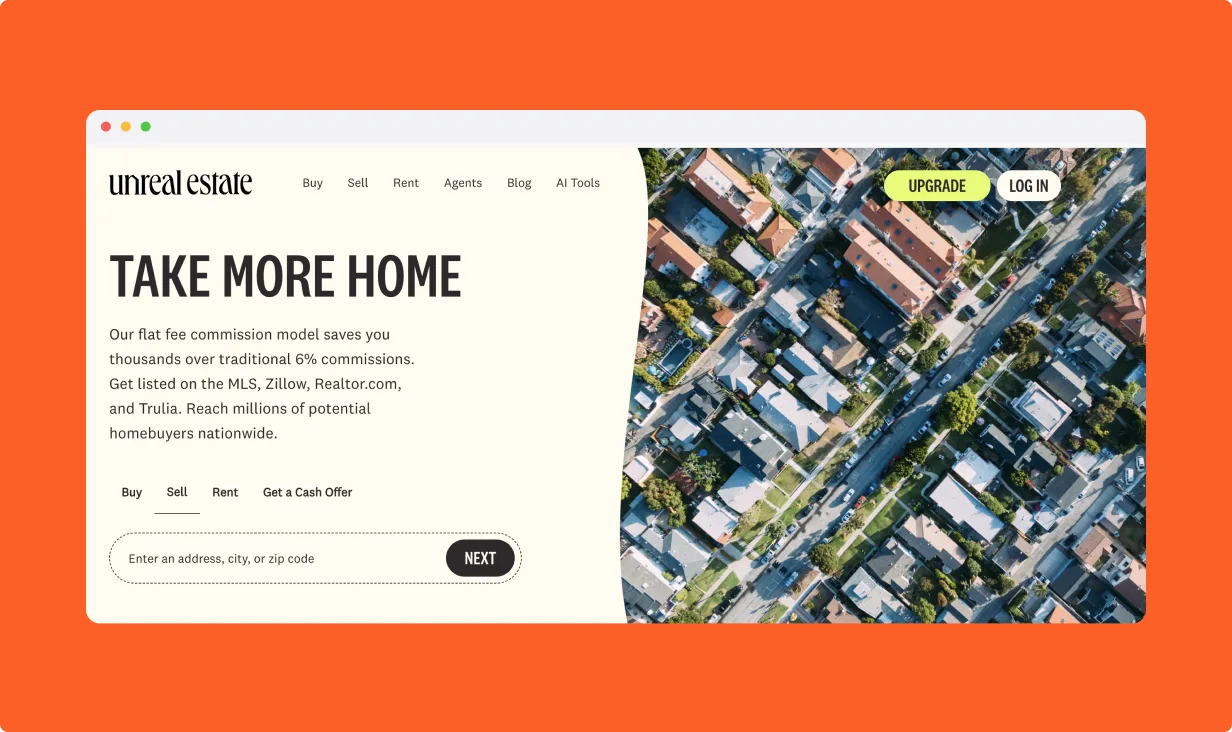 Homepage hero of Unreal Estate website