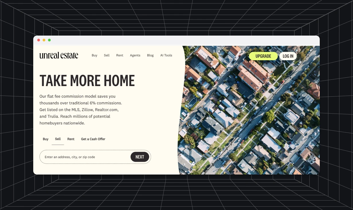 Homepage hero of Unreal Estate website