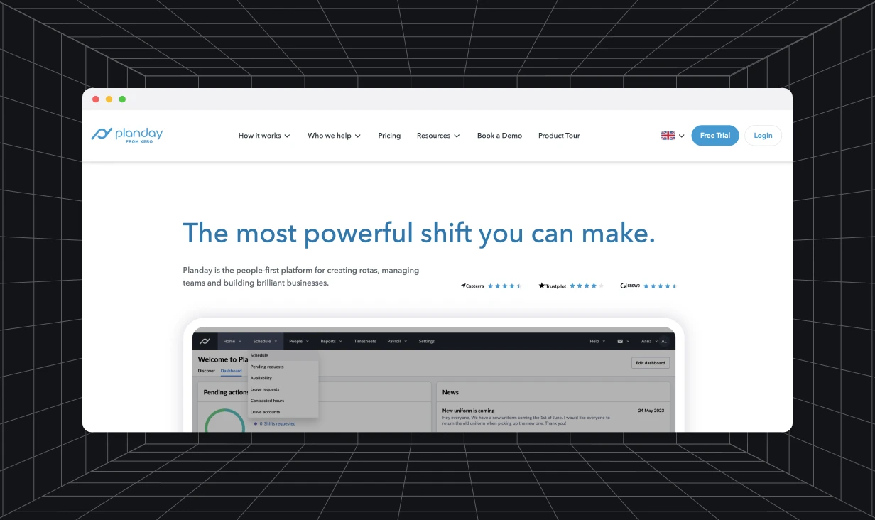 Homepage hero of Planday website