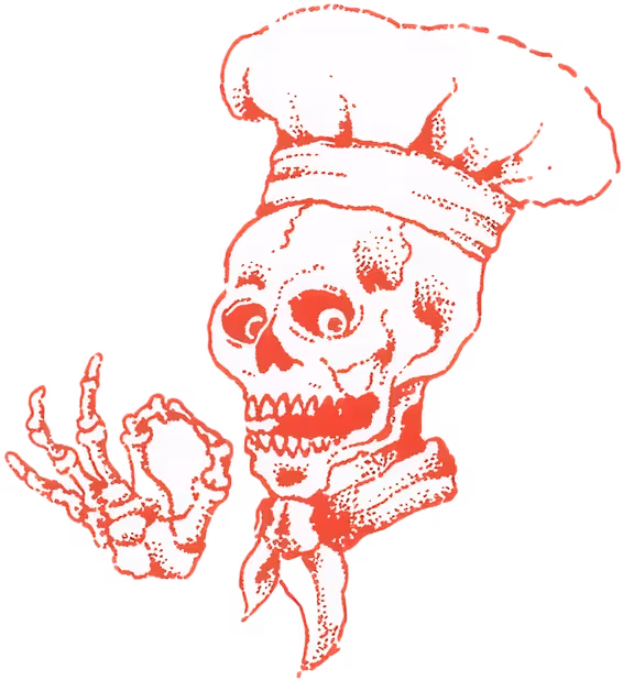 Red sketch of a skeleton chef wearing a chef hat and neckerchief, making an OK hand gesture.