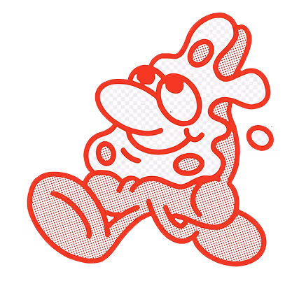 Red and white cartoon character with a large nose and playful smile, composed of dotted patterns.
