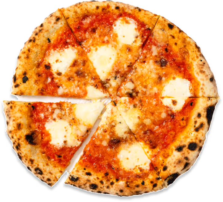 Whole Margherita pizza with melted mozzarella cheese and tomato sauce, one slice slightly pulled out.