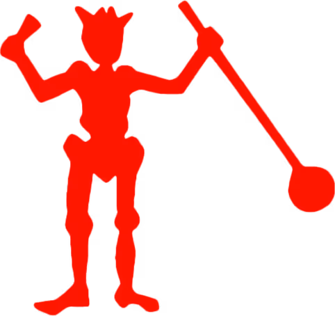 Red silhouette of a humanoid figure with a crown holding a mace in one hand and raising the other hand.