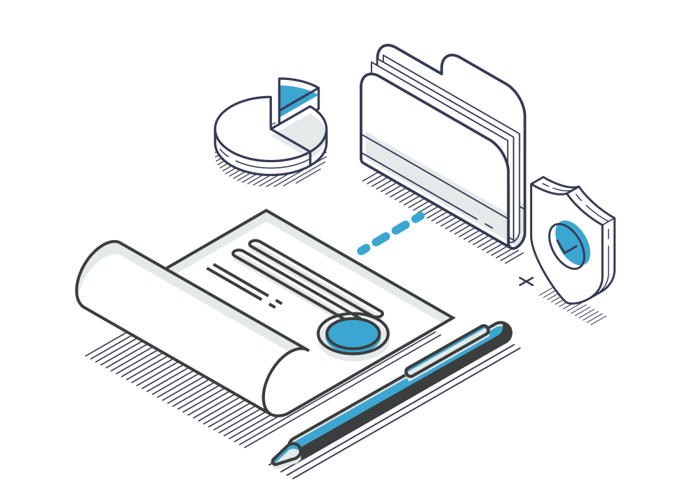 Isometric illustration of GRC compliance tools including digital documents, data charts, and a security shield icon.
