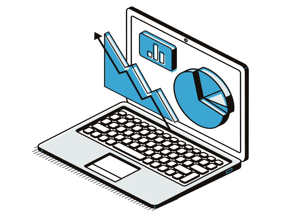 Isometric illustration of a laptop showing cybersecurity data growth with a line chart, pie chart, and bar graph.