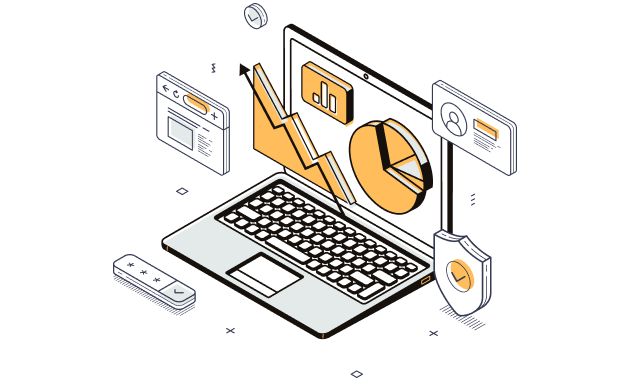 
This isometric line-art illustration depicts a person interacting with various digital interface elements, representing the intersection of human analysis and cybersecurity.