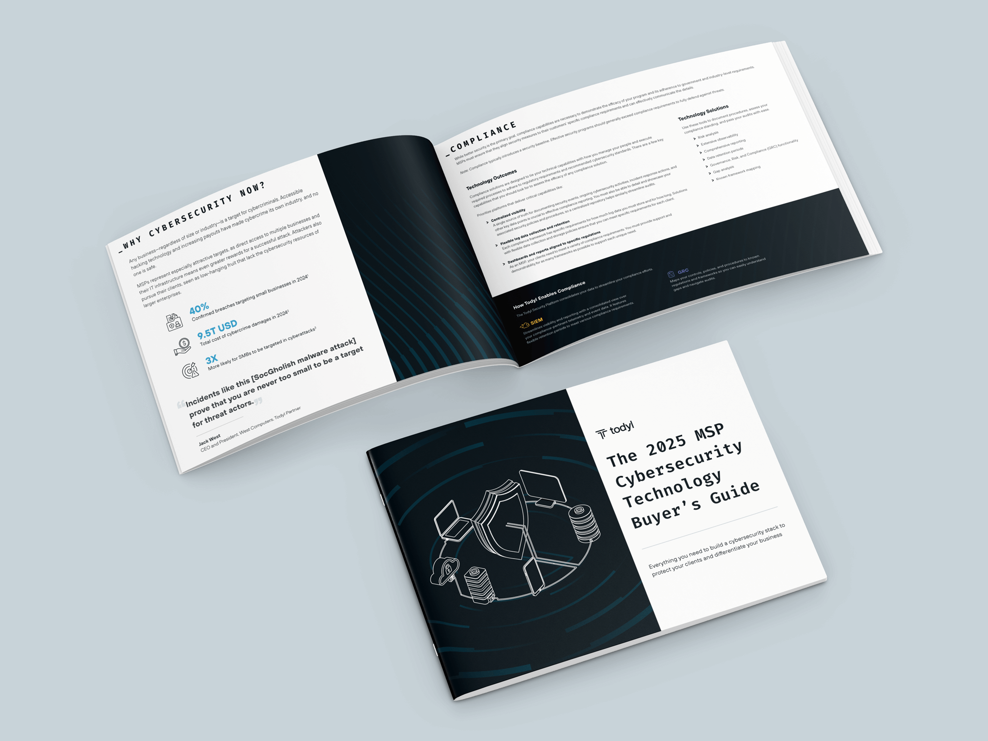 A spread of "The 2025 MSP Cybersecurity Technology Buyer's Guide" by Todyl, featuring statistics on cybercrime, sections on compliance technology outcomes, and a cover with a shield and network illustration.