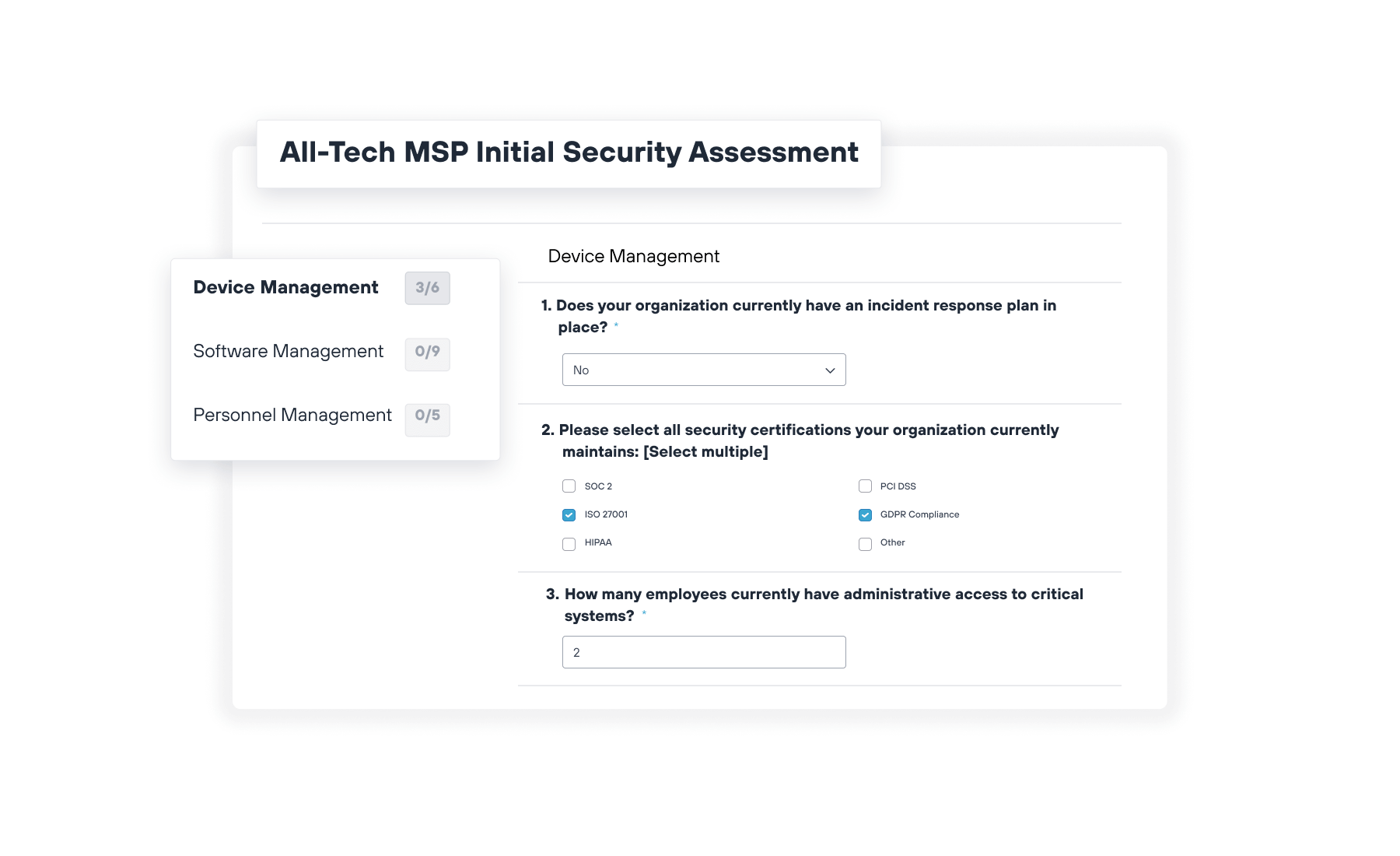 Interface showing an "All-Tech MSP Initial Security Assessment" with questions about incident response plans, security certifications, and critical system access.
