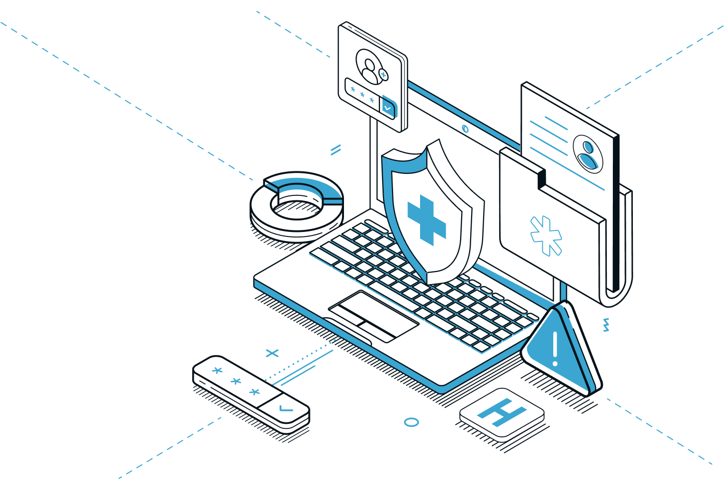 Isometric illustration of healthcare security features including a laptop with a medical shield, patient records, and secure login interfaces.