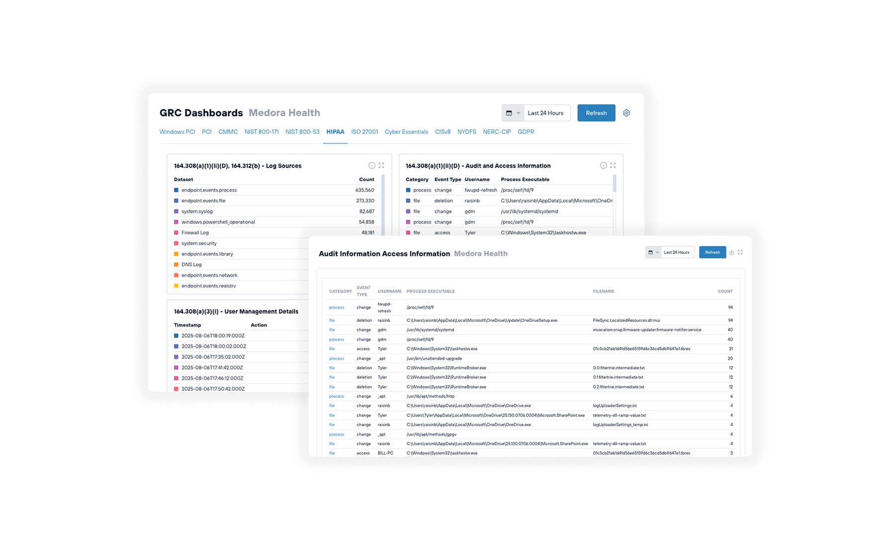 Todyl platform interface showing HIPAA compliance dashboards for Medora Health with log sources and audit access details.