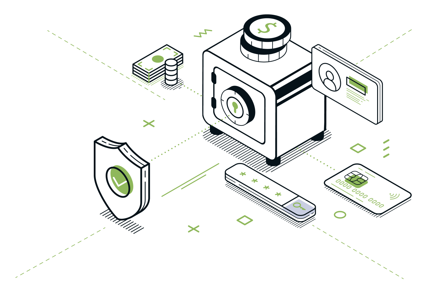 Isometric illustration of financial security features including a vault, currency, a credit card, and a shield with a checkmark.