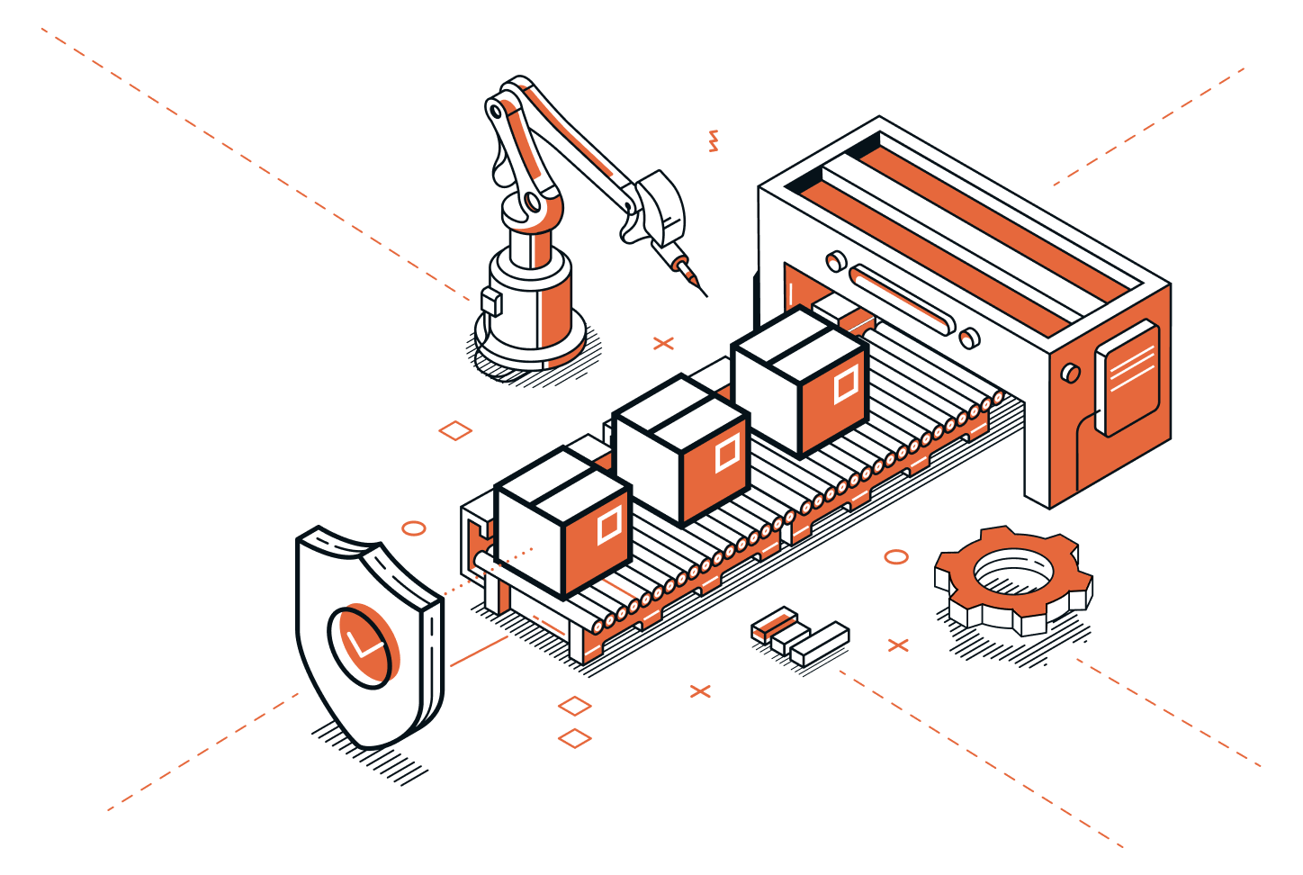 Isometric illustration of a secure manufacturing production line featuring a robotic arm and conveyor belt.