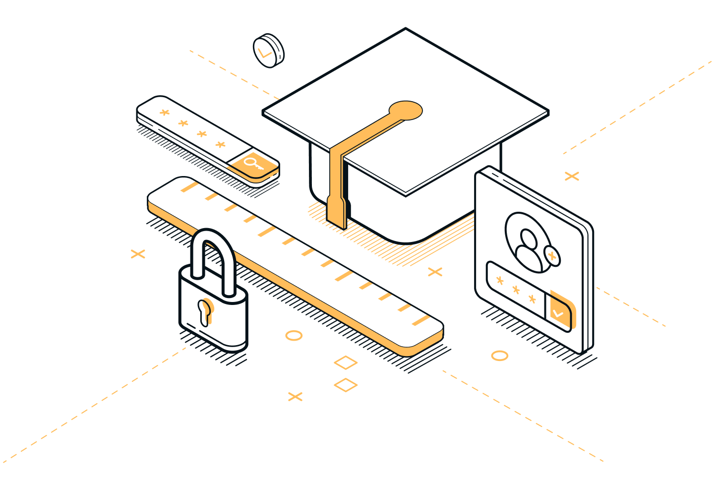 Isometric illustration of educational and security features including a graduation cap, padlock, and login portal.