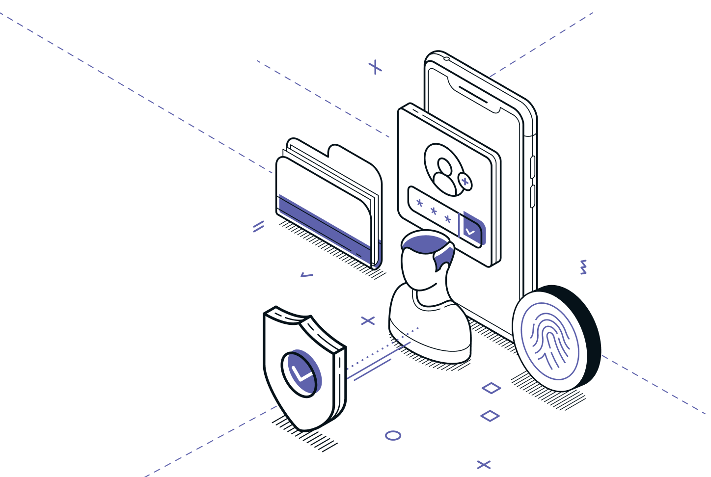 Isometric illustration of MFA and endpoint security features including biometric login, secure folders, and shield icons.