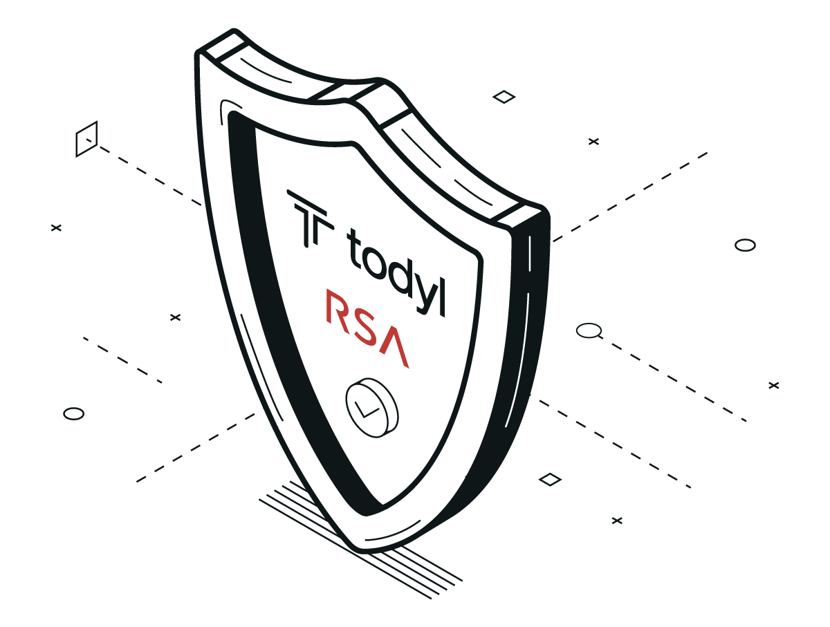 Isometric shield icon with RSA and Todyl branding, representing cybersecurity protection and risk assessment.