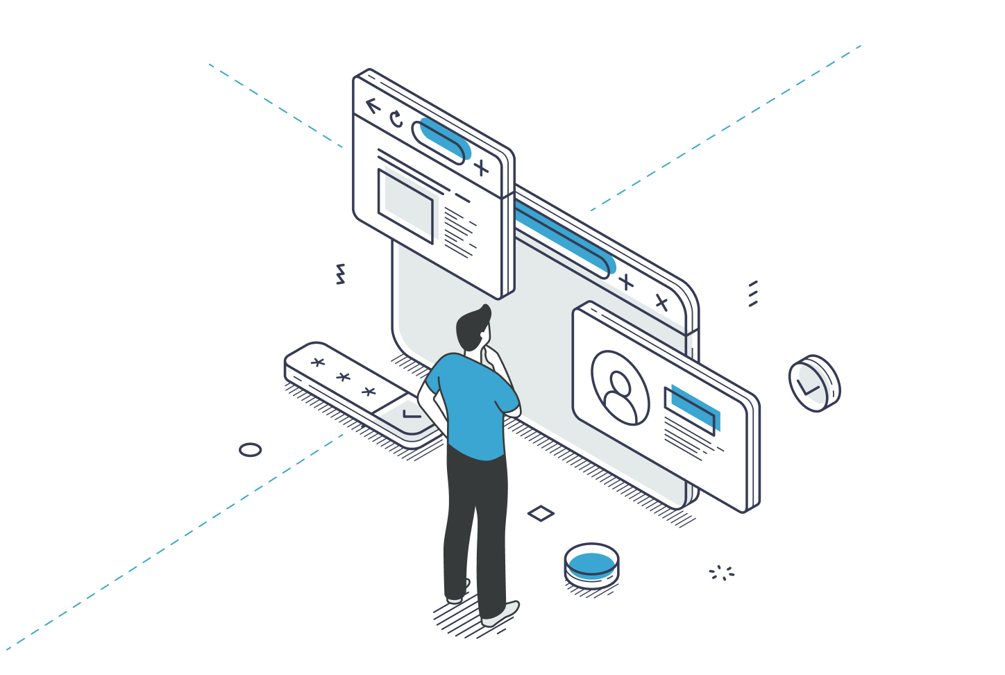 Man analyzing multiple floating browser windows and UI elements in a digital workspace illustration.