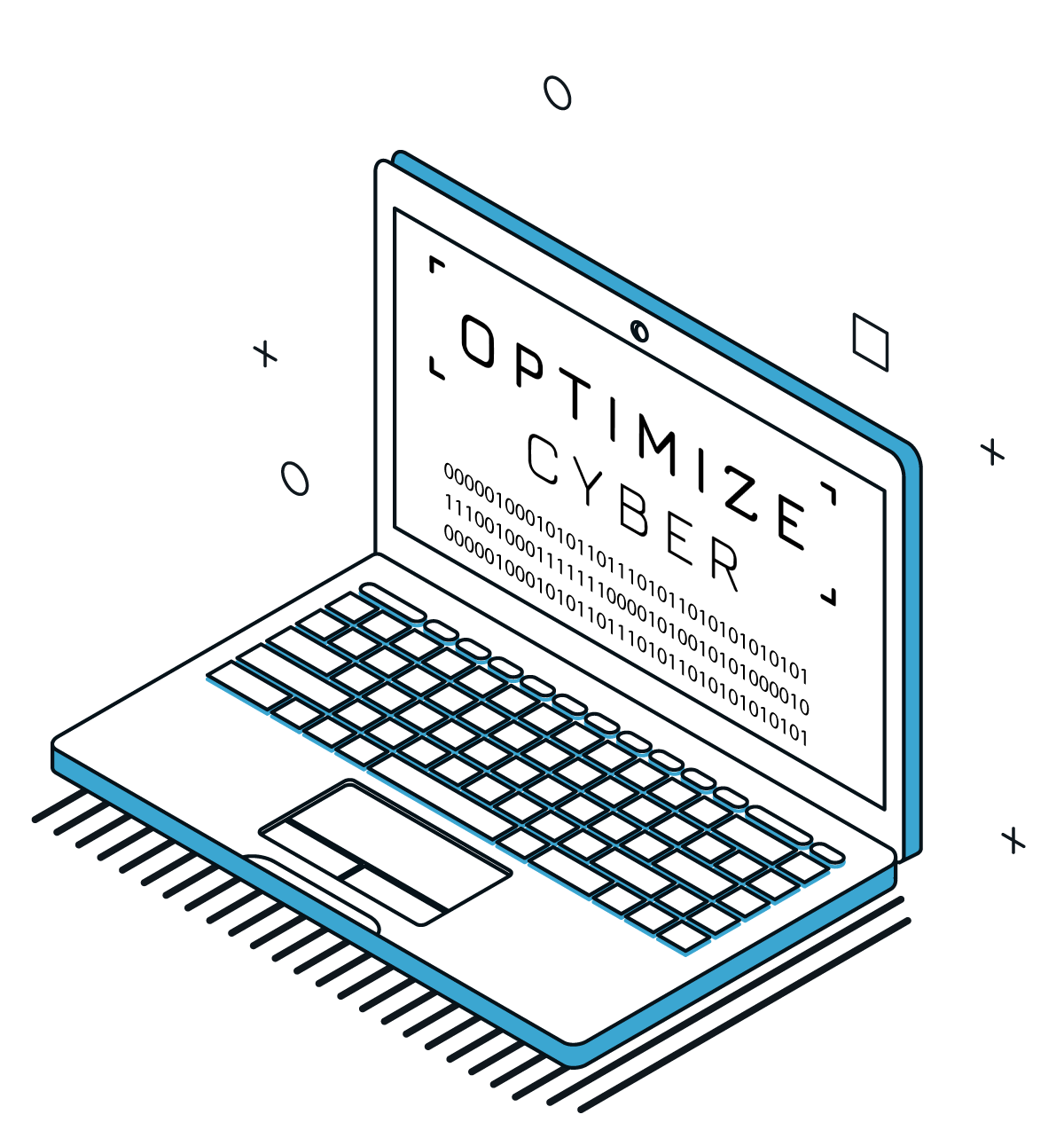 Isometric laptop with binary code and text saying 'Optimize Cyber' on screen.