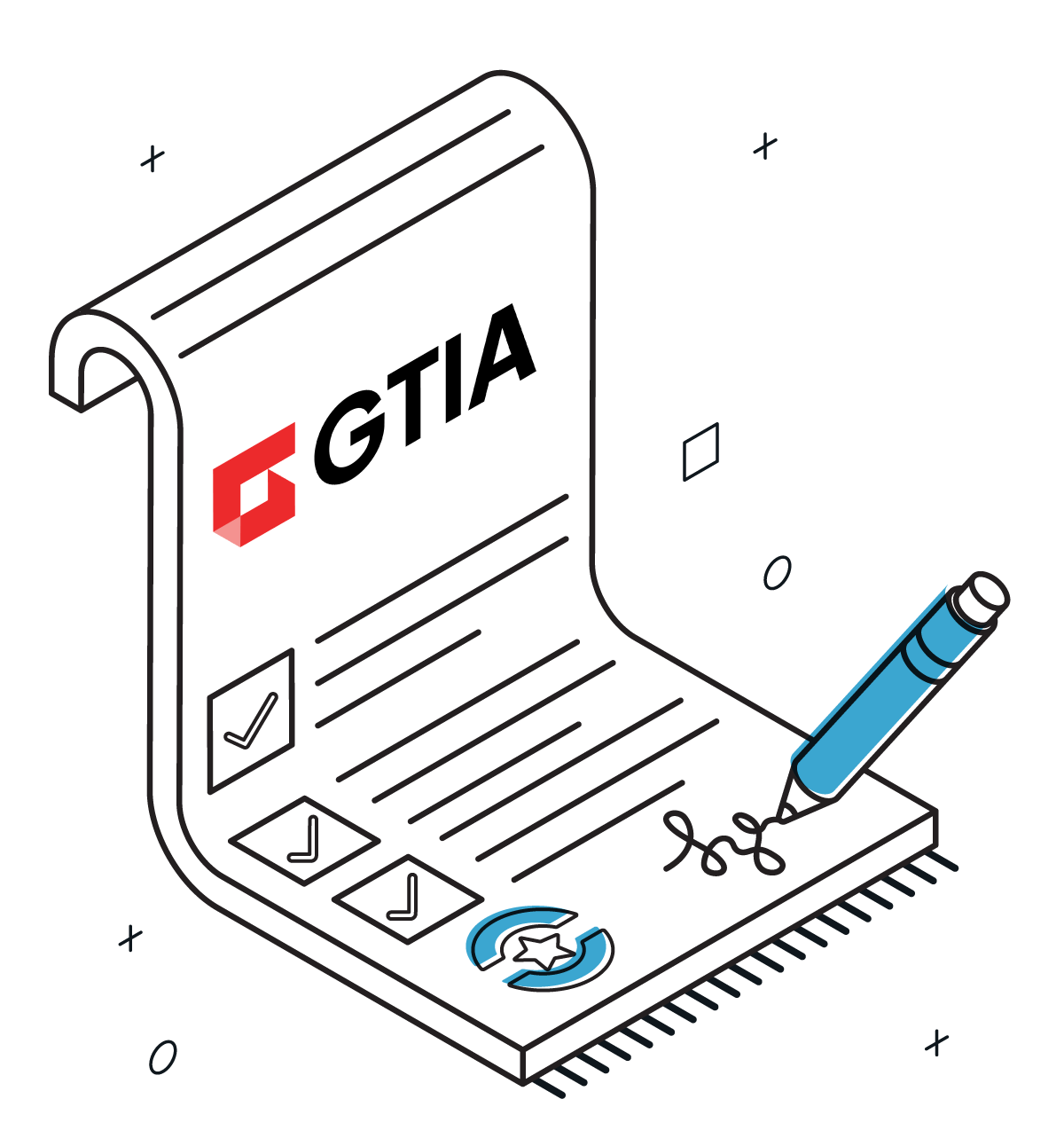Checklist paper with GTIA logo, checkmarks, and pen signing at the bottom right corner.