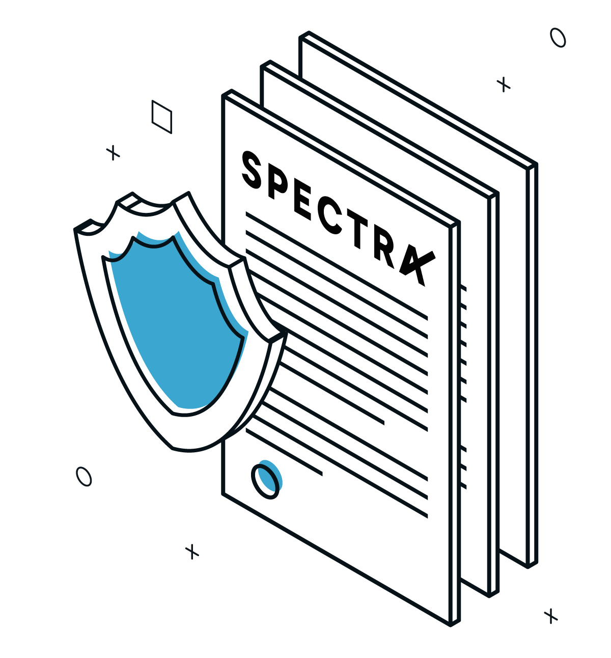 Illustration of stacked documents with title Spectra and a blue shield symbol in front.