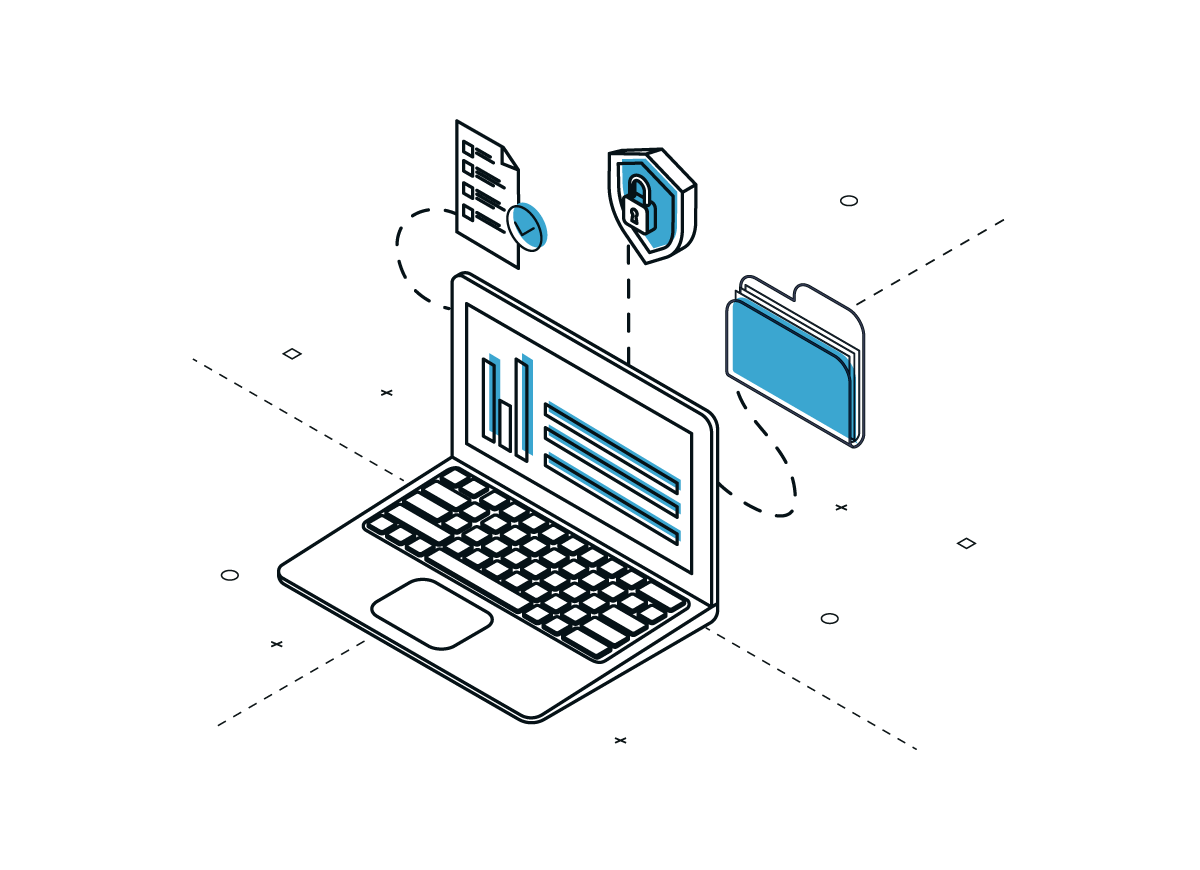 Isometric laptop with data charts on screen connected to a document, shield lock, and folder icons.