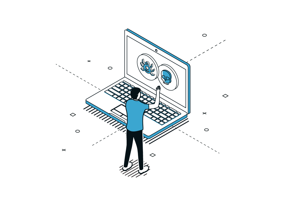 Person interacts with laptop displaying icons of a bug and a skull, symbolizing cyber threats.